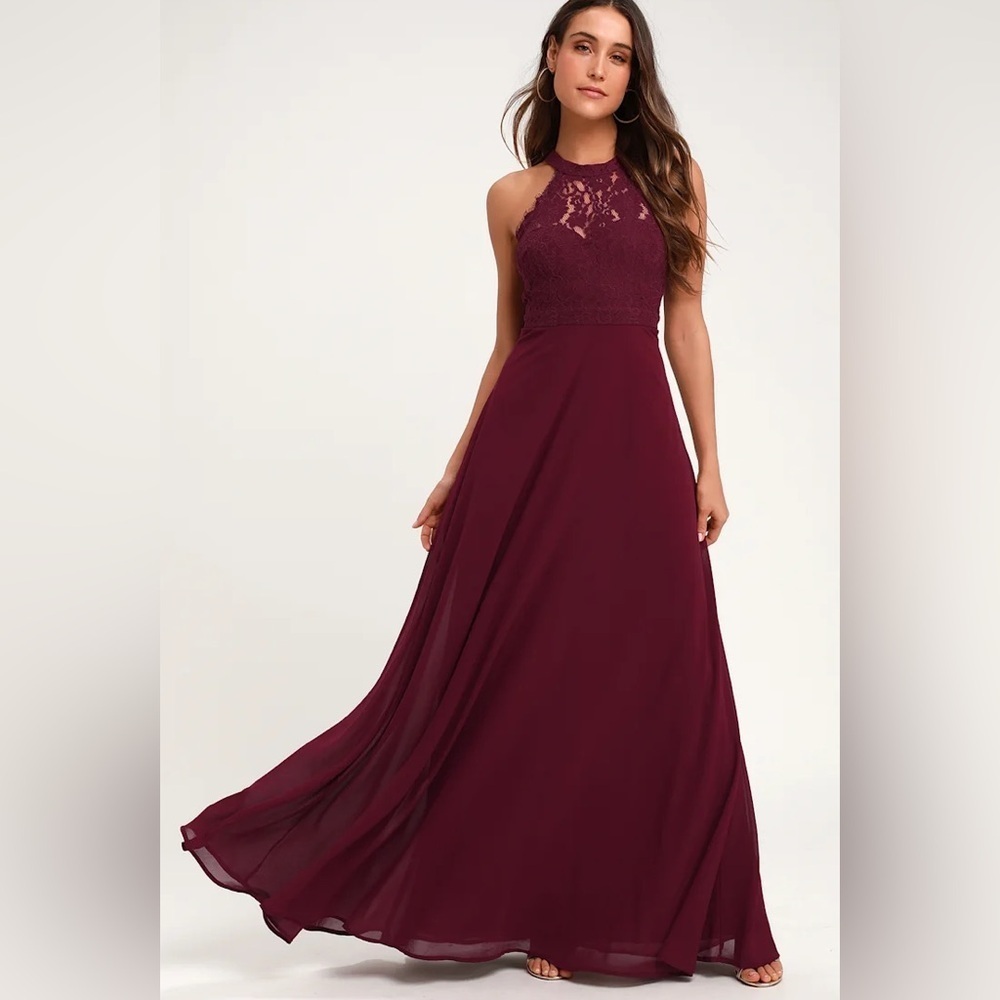 Lulu’s Dance All Evening Maxi Dress Lace Burgundy Halter Large Bridesmaid Prom - Picture 2 of 11